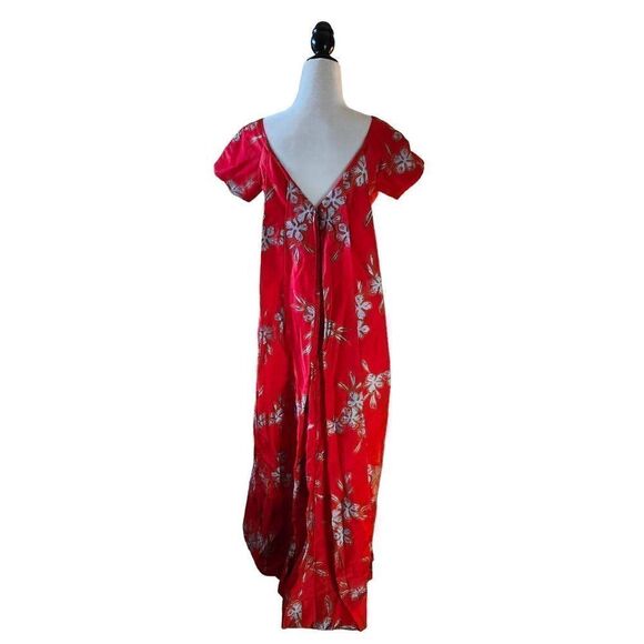 Red Vintage 60s Hawaiian Cotton Maxi Dress Kaftan Muumuu 70s Waikiki - Picture 2 of 6